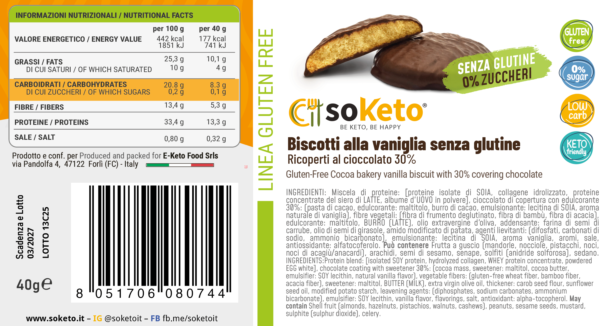 Biscotti KETO SENZA GLUTINE VANIGLIA ricoperti di cioccolato 0% zuccheri