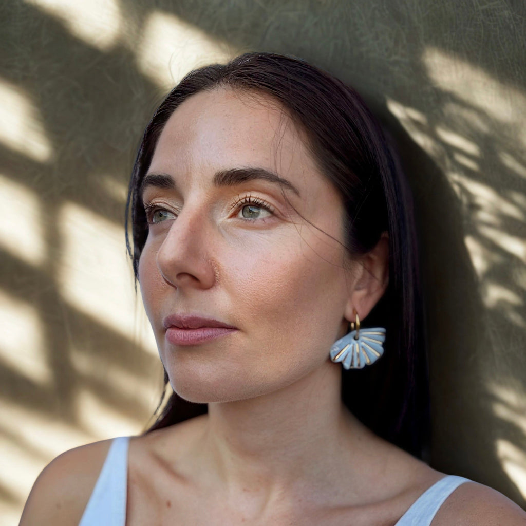 Selene | Handcrafted light blue ceramic dangle earrings with golden details